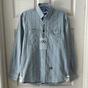 John Lennon Blue Check Embroidered Button Down Shirt